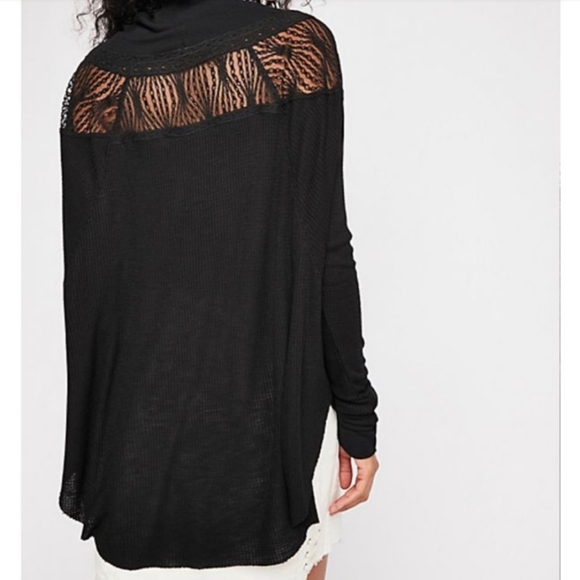 Free People Black Waffle Thermal Lace Neck Top - Picture 9 of 15
